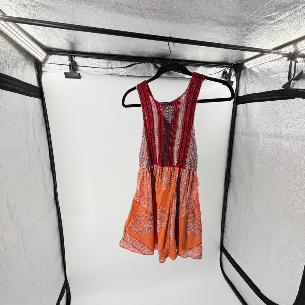 Free People Mixed Media Crochet Knit Floral Mini‎ Dress Orange Burgundy XS boho